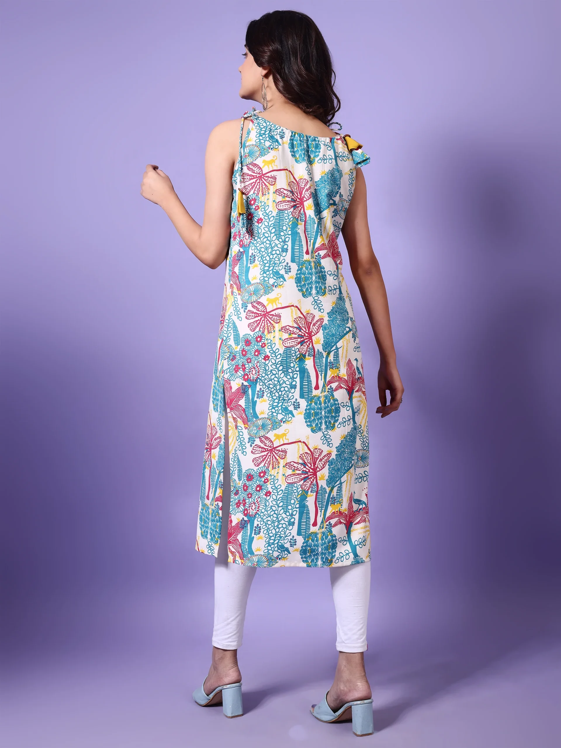 Rayon Floral Print Straight Shoulder Knot Kurta (4)