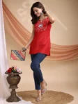 Red Chinon Yoke Embroidery Shoulder Strap Short Kurti (4)