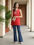 Red Chinon Yoke Embroidery Shoulder Strap Short Kurti (4)