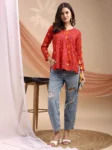 Red Cotton Blend Bandhani Print Peplum Top With Tassles and Kodi (6)
