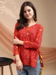 Red Cotton Blend Bandhani Print Peplum Top With Tassles and Kodi (6)