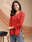 Red Cotton Blend Bandhani Print Peplum Top With Tassles and Kodi (6)