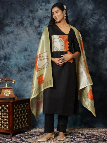 Straight Cotton Blend Digital Print Kurta Pant With Assam Silk Dupatta