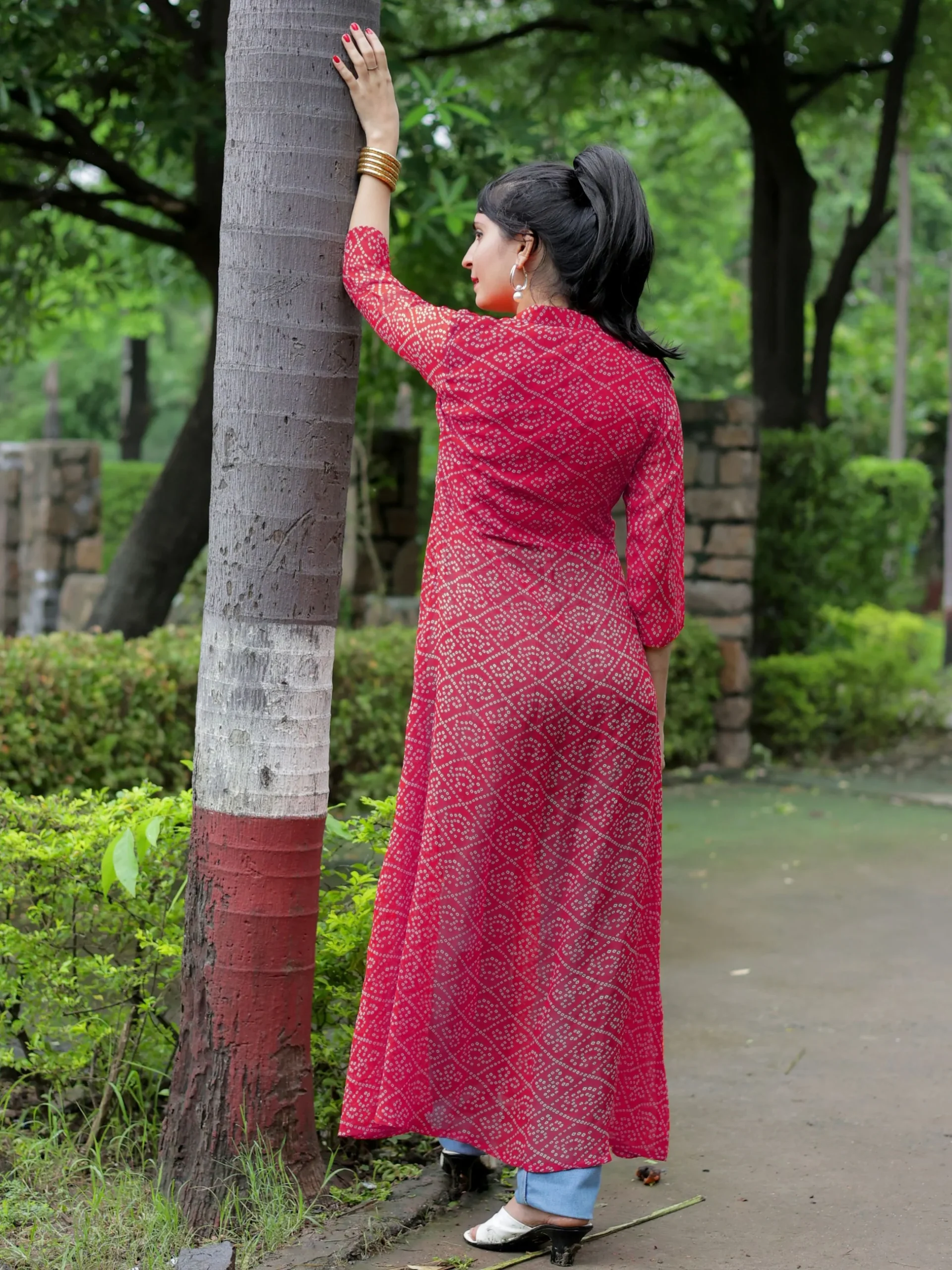 Stunning Pink Georgette Bandhani Print High Front Slit Kurta with Gota Patti Embroidery (1)