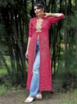 Stunning Pink Georgette Bandhani Print High Front Slit Kurta with Gota Patti Embroidery (4)