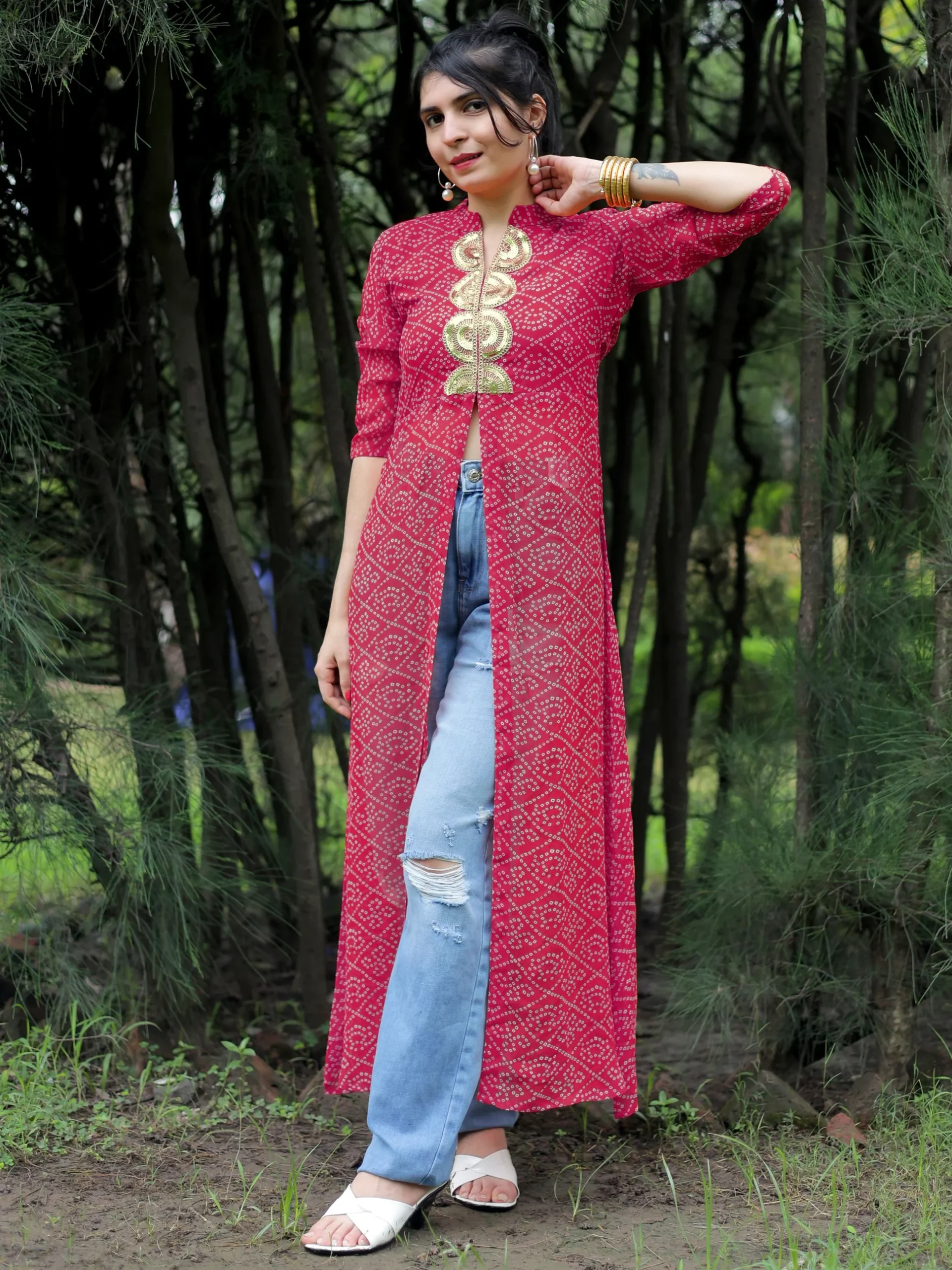 Stunning Pink Georgette Bandhani Print High Front Slit Kurta with Gota Patti Embroidery (2)