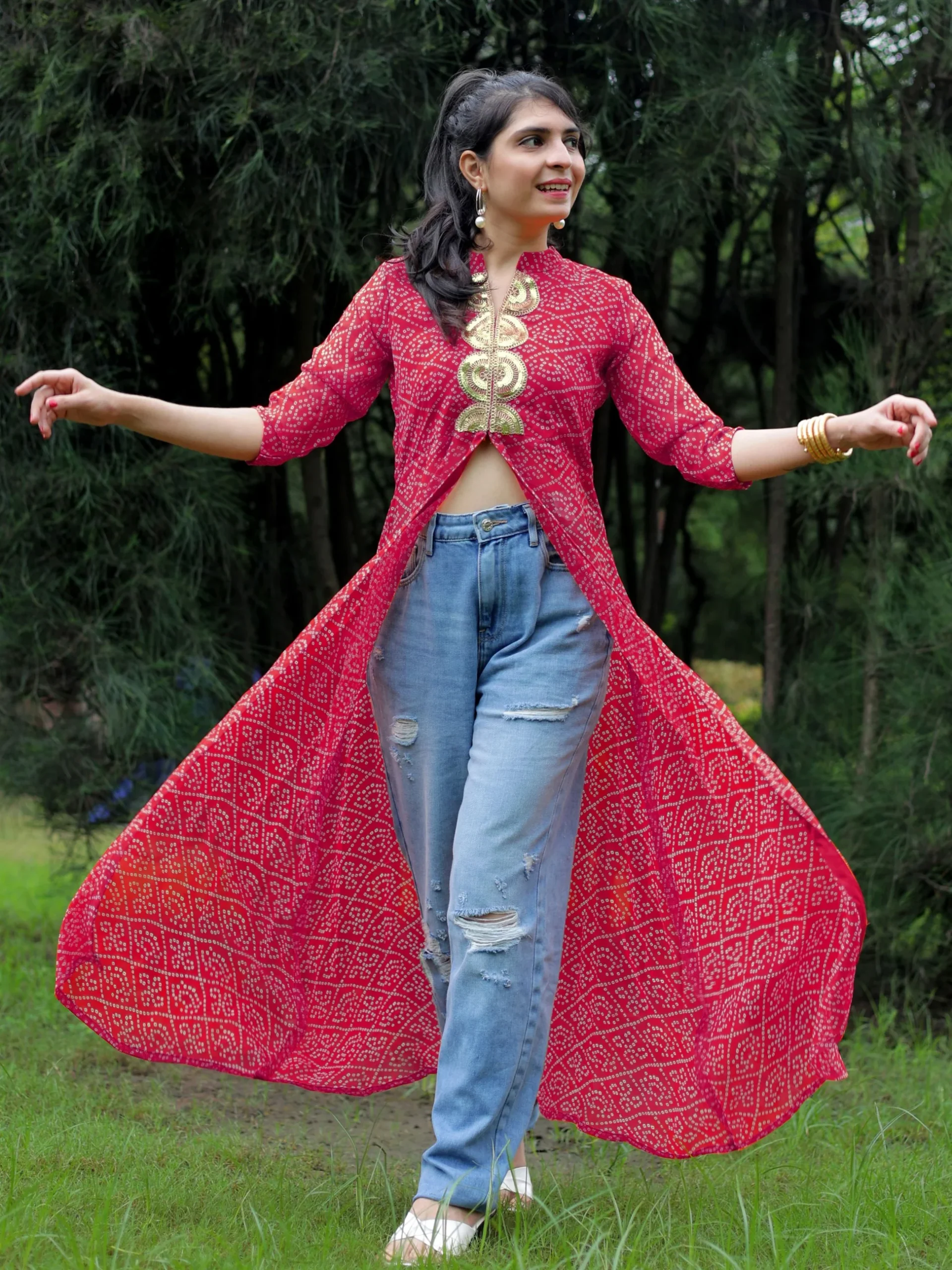 Stunning Pink Georgette Bandhani Print High Front Slit Kurta with Gota Patti Embroidery (4) Stunning Pink Georgette Bandhani Print High Front Slit Kurta with Gota Patti Embroidery