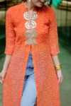 Vibrant Orange Georgette Bandhani Print High Slit Kurta – Indo-Western Style Embroidery (4)