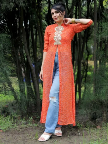 Vibrant Orange Georgette Bandhani Print High Slit Kurta – Indo-Western Style Embroidery