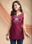 Wine Chinon Yoke Embroidery Shoulder Strap Short Kurti