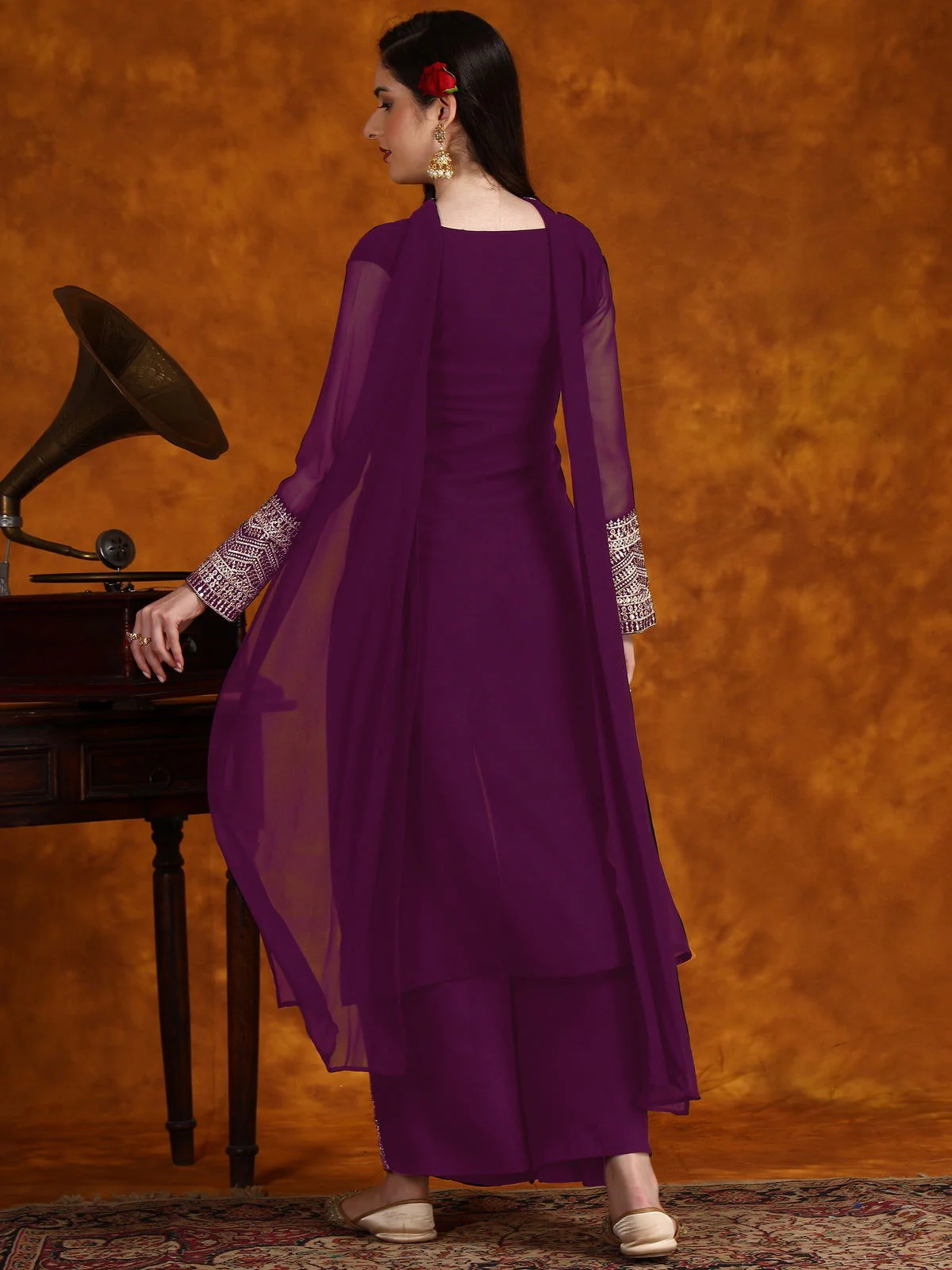 Wine Georgette Lace Work Kurta Palazzo With Dupatta Set (1) Wine Georgette Lace Work Kurta Palazzo With Dupatta Set