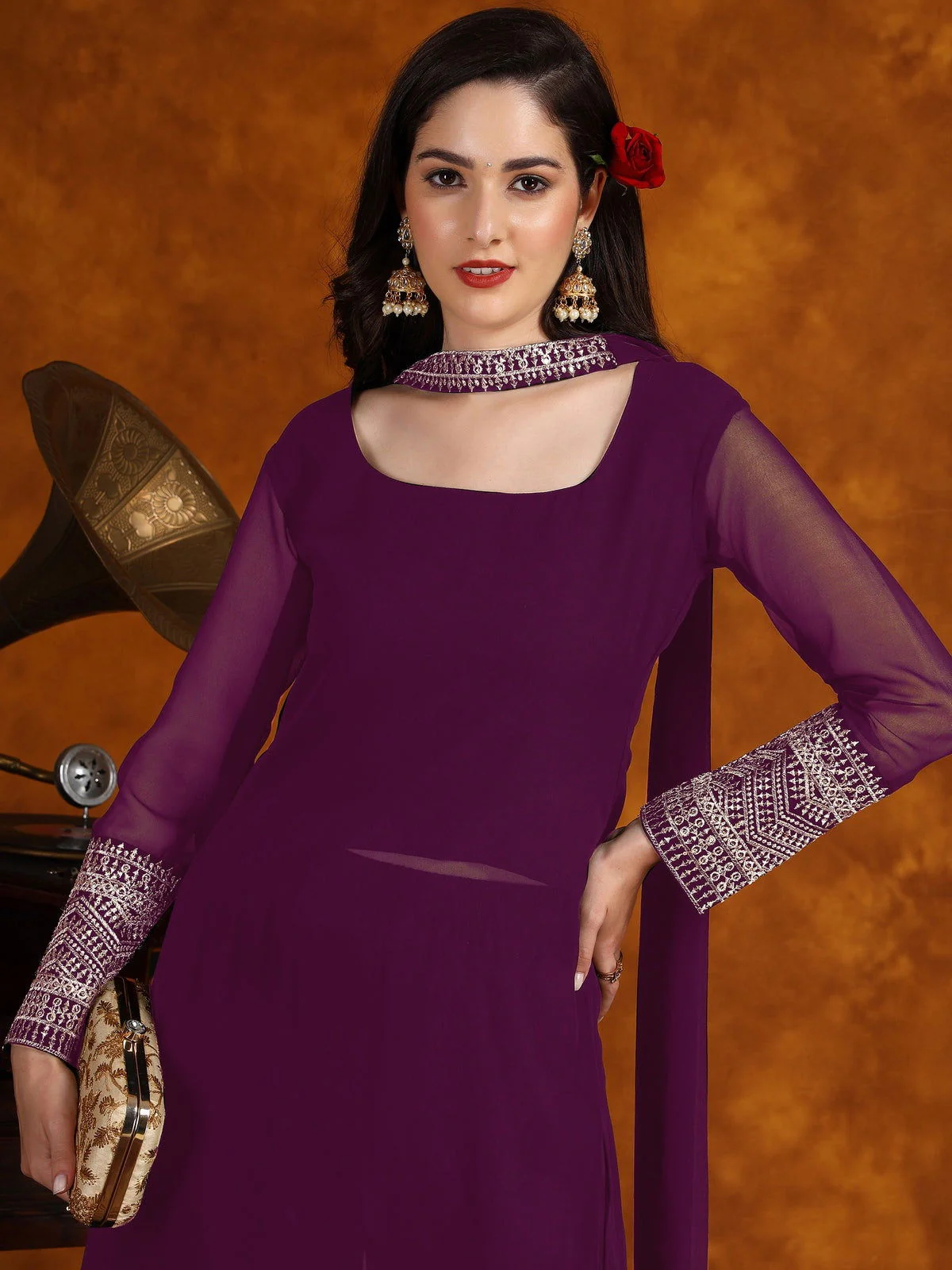 Wine Georgette Lace Work Kurta Palazzo With Dupatta Set (4)