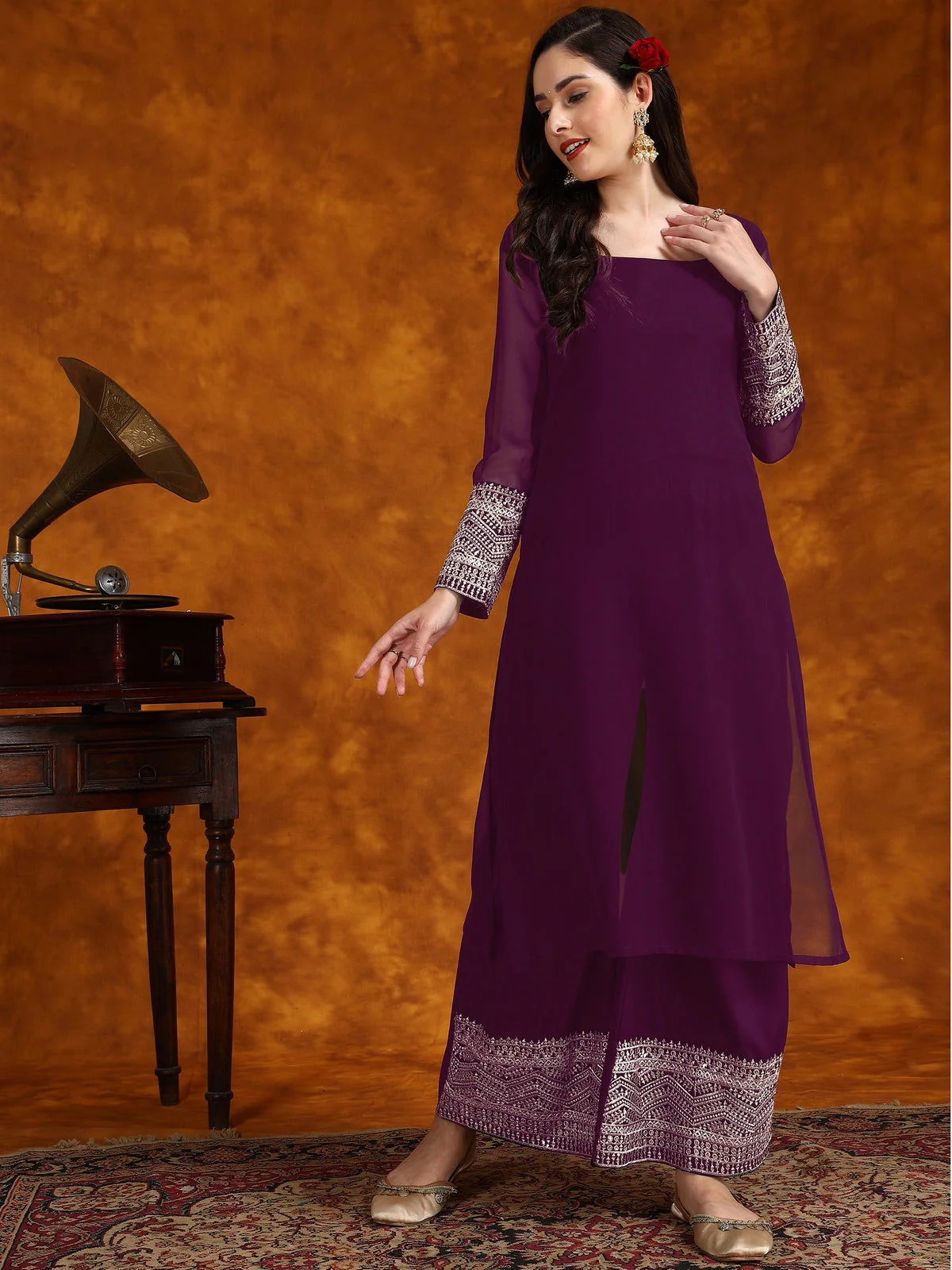 Wine Georgette Lace Work Kurta Palazzo With Dupatta Set (5)