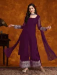 Wine Georgette Lace Work Kurta Palazzo With Dupatta Set (7)