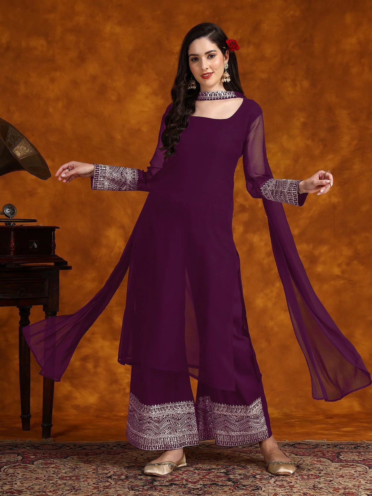 Wine Georgette Lace Work Kurta Palazzo With Dupatta Set (6)