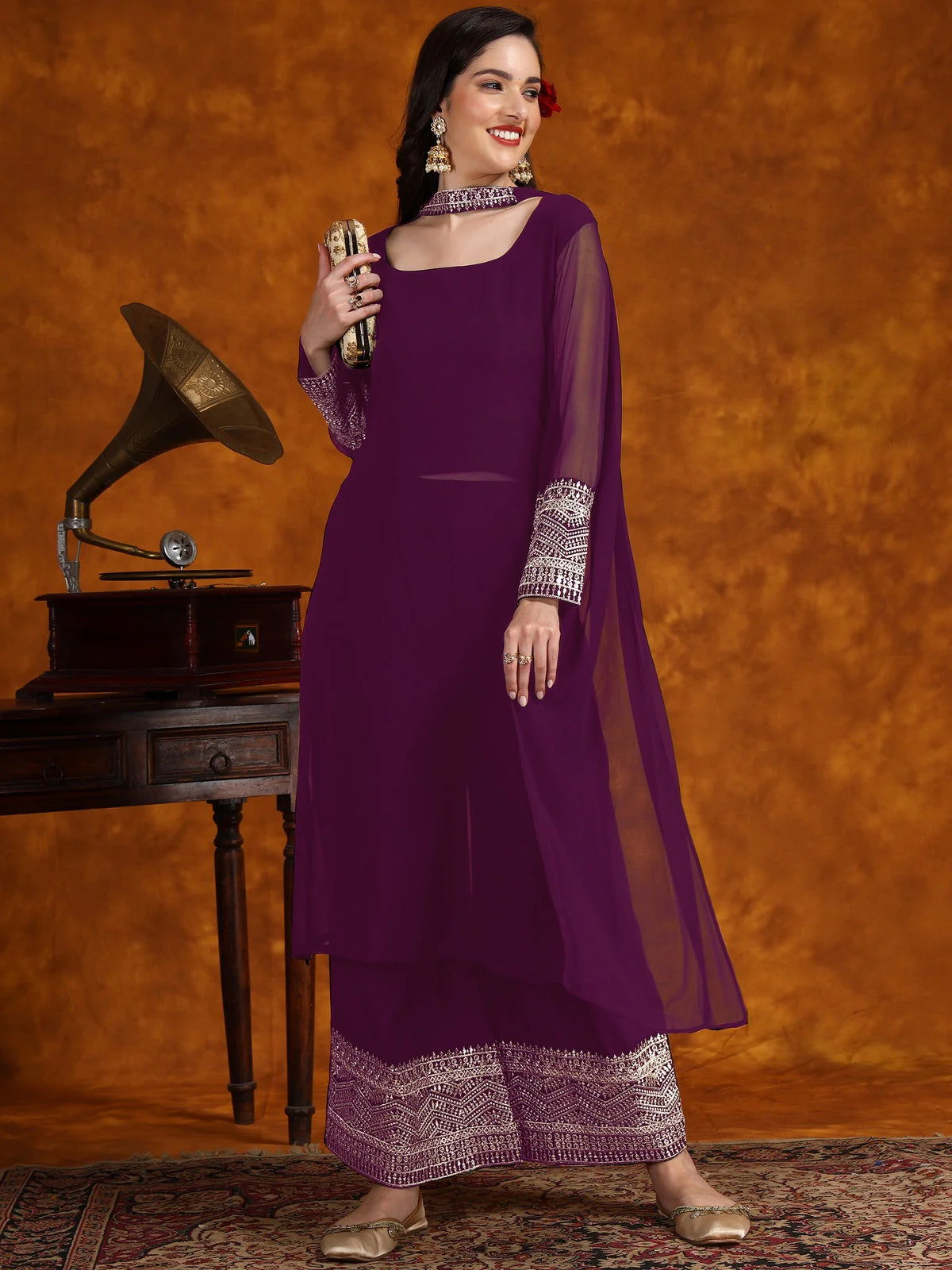 Wine Georgette Lace Work Kurta Palazzo With Dupatta Set (7) Wine Georgette Lace Work Kurta Palazzo With Dupatta Set