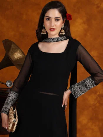 Black Georgette Lace Work Kurta Palazzo With Dupatta Set