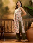 Beige Chinon Floral Print and Yoke Embroidery Flared Kurta (3)