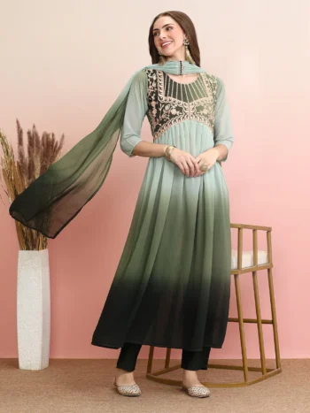 Dusty Green Georgette Alia cut Embroidered Anarkali Kurta Pant With Dupatta Set