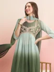 Dusty Green Georgette Alia cut Embroidered Anarkali Kurta Pant With Dupatta Set (12)