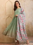Dusty Green Georgette Embroidered Anarkali Kurta Pant with Dupatta Set