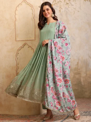 Dusty Green Georgette Embroidered Anarkali Kurta Pant with Dupatta Set