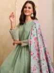 Dusty Green Georgette Embroidered Anarkali Kurta Pant with Dupatta Set (3)