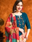 Embroidered and Mirror Work Cotton Straight Kurta Patiala With Bandhani Dupatta Set