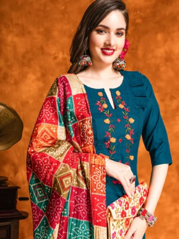 Embroidered and Mirror Work Cotton Straight Kurta Patiala With Bandhani Dupatta Set