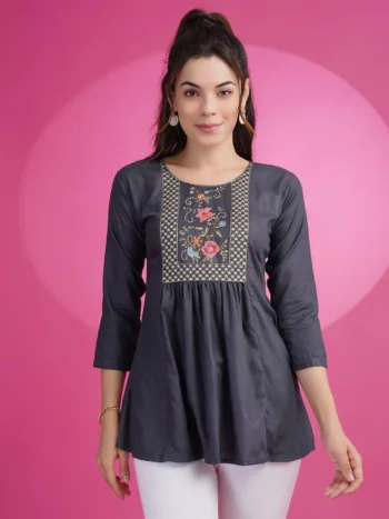 Peach Cotton Rayon Embroidery Patch Work Short Kurti