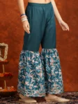 Teal Rayon Floral Printed With Gota Patti Work Angrakha Kurta Sharara And Dupatta Set (6)