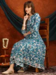 Teal Rayon Floral Printed With Gota Patti Work Angrakha Kurta Sharara And Dupatta Set (6)
