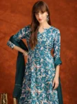 Teal Rayon Floral Printed With Gota Patti Work Angrakha Kurta Sharara And Dupatta Set (6)