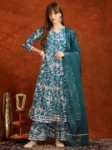Teal Rayon Floral Printed With Gota Patti Work Angrakha Kurta Sharara And Dupatta Set