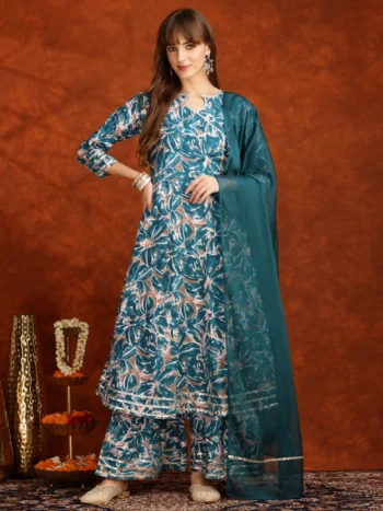 Teal Rayon Floral Printed With Gota Patti Work Angrakha Kurta Sharara And Dupatta Set