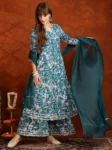 Teal Rayon Floral Printed With Gota Patti Work Angrakha Kurta Sharara And Dupatta Set (6)