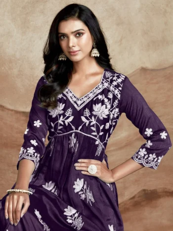 Vichitra Silk Chikankari Embroidered Naira Cut Kurta